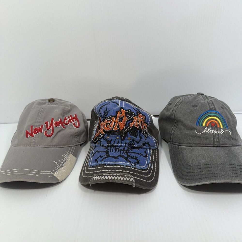 Lot Of 3 Women's Distressed Hats Truckers Caps - NYC-lackpard-blessed-EUC